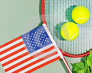 Yellow tennis balls, racket and the flag of United States