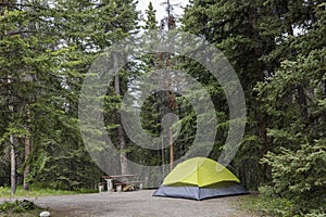 A yellow tent in a campsite near Banff