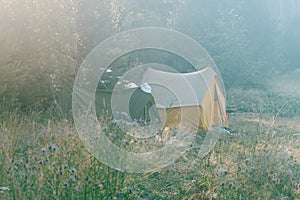 Yellow tent early in the morning in the rays of the sun in summer on a meadow near the forest