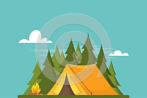 Yellow tent in forest. Tent, forest and fire. Banner, poster for Climbing, hiking, trakking sport, adventure tourism, travel,