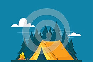 Yellow tent in forest. Tent, forest and fire. Banner, poster for Climbing, hiking, trakking sport, adventure tourism, travel,
