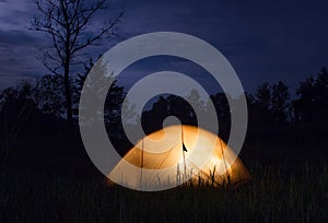Yellow tent lighting at night in wildness photo