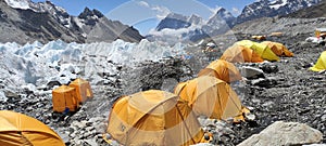 yellow tents on the Everest Base Camp at Gorak Shep in Nepal