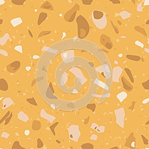 Yellow terrazzo seamless pattern. Vector floor texture with marble, granite