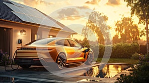 A yellow Tesla parked in front of a house