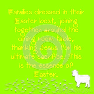 Yellow text with a green background and sheep with white leaves