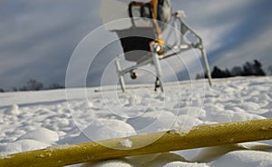 Yellow textile fire hose. it is used by ski owners to connect water to snow cannons and turbines with nozzles for the production o