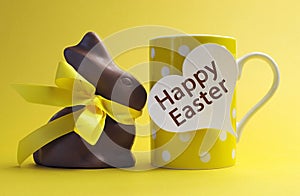 Yellow theme Happy Easter polka dot breakfast coffee mug with chocolate bunny rabbit
