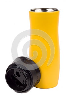 Yellow thermo mug isolated on white