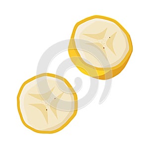 Yellow thin slice of banana. Isolated vector sliced fruit in flat style. Summer clipart for design