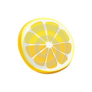Yellow thin slice of lemon. Isolated vector sliced fruit in flat style. Summer clipart for design