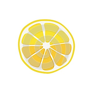Yellow thin slice of lemon. Isolated vector sliced fruit in flat style. Summer clipart for design