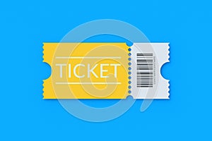 Yellow ticket for cinema, theatre, show and other entertainments on blue background. Top view