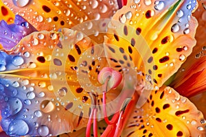 Yellow is tiger orange, flower petals with drops, dew of rain, water, close-up view. Flowering flowers, a symbol of spring, new