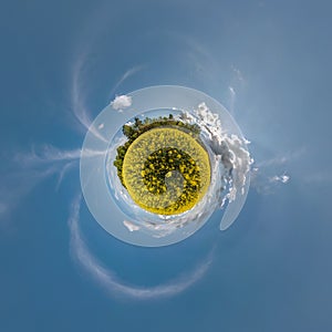 Yellow tiny planet in rapeseed field in blue sky with beautiful clouds. Transformation of spherical panorama 360 degrees.