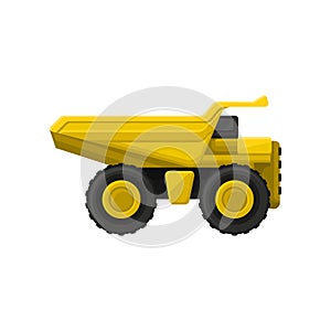 Yellow tipper big wheels. Flat vector icon of dumper truck with hydraulic tipping body. Heavy machine using in