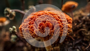 Yellow toadstool spore on wet autumn leaf generated by AI