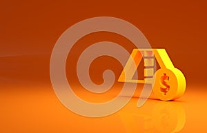 Yellow Toll road traffic sign. Signpost icon isolated on orange background. Pointer symbol. Street information sign
