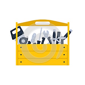 Yellow toolbox with instruments and hand tools inside