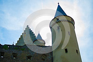Yellow tower of Vianden Castle in Vianden, Luxembourg