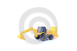 The yellow toy car Bulldozer-Excavator isolated on white background. Children`s backhoe toy model