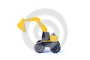 The yellow toy car Excavator isolated on white background. Children`s backhole toy model