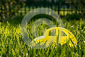 Yellow toy car and green lawn