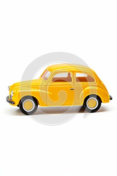 Yellow toy car on white background with white background. Generative AI