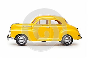 Yellow toy car on white background with white background. Generative AI