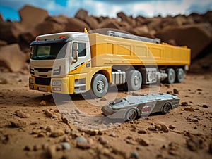yellow toy crane truck and a silver toy car on a sandy surface photo