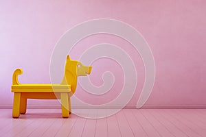 Yellow toy dog on wooden floor in kids room of modern house with empty pink concrete wall background.