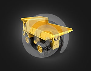 Yellow toy dump truck isolated on black gradient background 3d render
