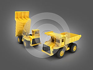 Yellow toy dump truck isolated on gray gradient background 3d render