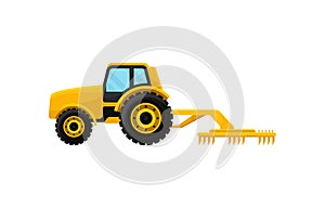 Yellow tractor with cultivator. Agricultural machinery. Professional farm equipment for work on field. Flat vector