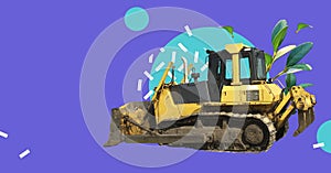 Yellow tractor with fresh plants isolated on abstract colorful background. Crawler bulldozer. Wheel loader machine