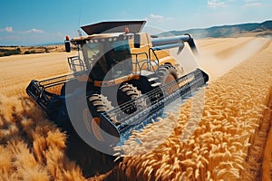 Yellow Tractor harvests in the wheat field in summer, aerial view