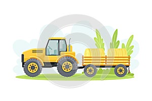 Yellow tractor pulling open trailer loading with hay, agricultural farming machinery vector illustration