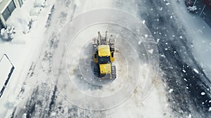 Yellow tractor working on dirty snowy street in winter. Snowplough cleaning the urban road, removing snow. Generative AI