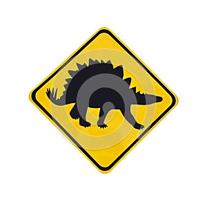 Yellow traffic label with dinosaur pictogram isolated