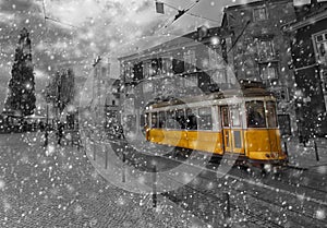 Yellow tram in the center of Lisbon Portugal in winter