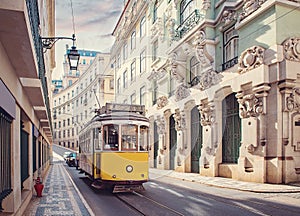 Yellow tram in Lisbon, Portugal