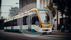 Yellow tram with motion blur effect moves fast in the city. High speed passenger train in motion on railroad