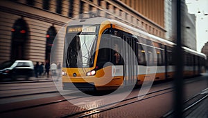 Yellow tram with motion blur effect moves fast in the city. High speed passenger train in motion on railroad