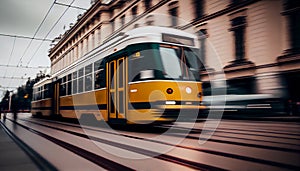 Yellow tram with motion blur effect moves fast in the city. High speed passenger train in motion on railroad