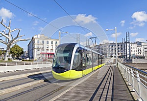 Yellow tram on the street of Brest, France