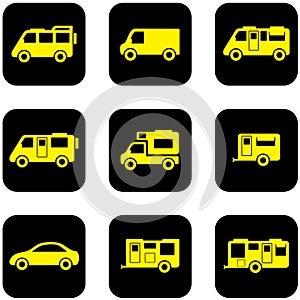Yellow transport set on black icons