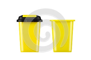 Yellow trash can. With and without a lid. Isolated on white background. Garbage recycling. Recycling.