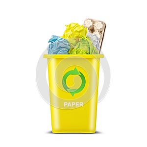 Yellow trash can. With a recycling icon for paper. Isolated on a white background. Garbage sorting. Ecology. Garbage