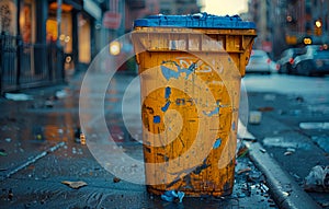 Yellow trash can is seen on wet street with cars and buildings in the background.