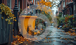 Yellow trash can is surrounded by autumn leaves on wet street